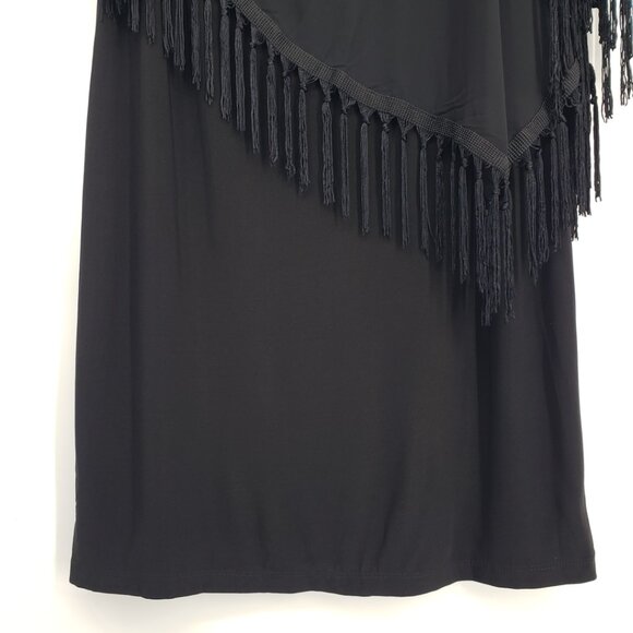 R&M Richards Cold Shoulder Cocktail Dress 12 Fringe Tassels Sheer Cape Black - Picture 6 of 11